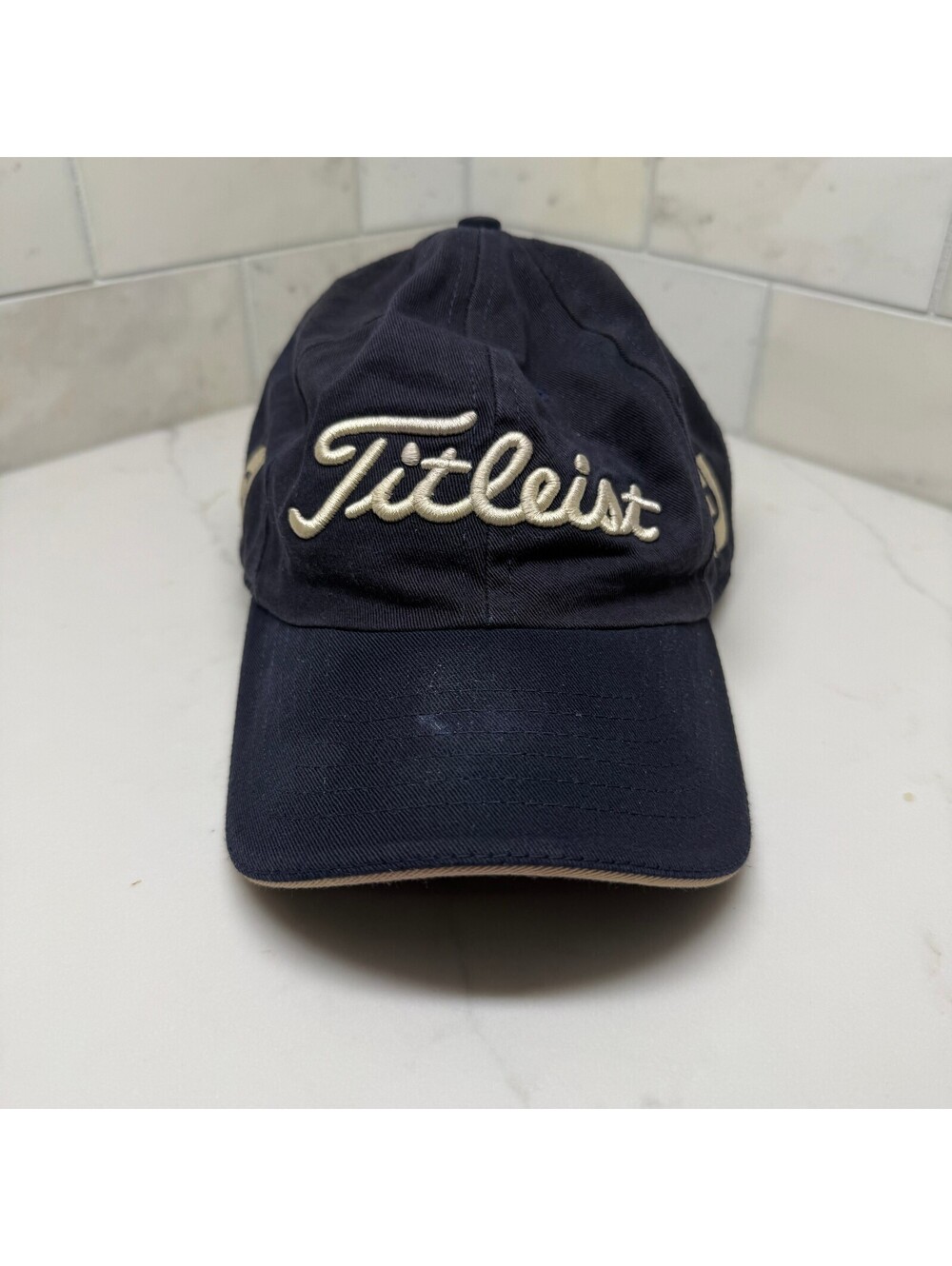 Vtg 90s Titleist FootJoy Golf Hat Navy Blue Cream Script Logo Strapback